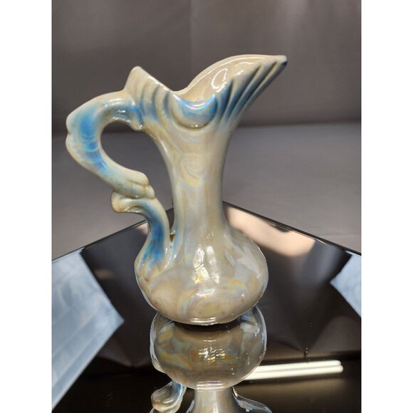 Vintage Lusterware Pitcher Blue & White Pearlescent Iridescent Beautiful Rose - Picture 3 of 7
